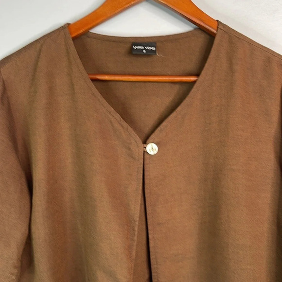 LAUREN VIDAL Linen Blend Overshirt Brown One Button Long Sleeve Collarless Small - Picture 3 of 11
